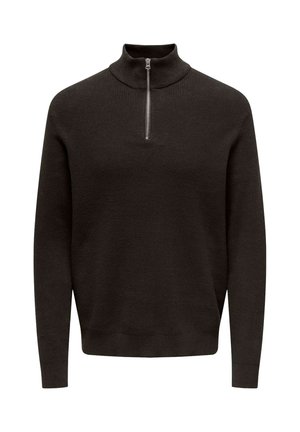 Sudadera de punto acanalado en marrón oscuro, con cuello alto y media cremallera, que presenta mangas largas y un ajuste relajado.