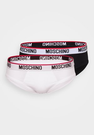 Dois pares de roupa interior, um branco e um preto, com larguras elásticas apresentando o logótipo da Moschino em cores contrastantes.