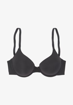 Reggiseno imbottito nero con tessuto liscio, supporto con ferretto, spalline regolabili e un design semplice. Nessun abbellimento o motivo visibile.