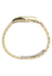 Montre en métal doré avec un bracelet à maillons. Boîtier rond, finition polie, couronne simple et détail de fermoir argenté.