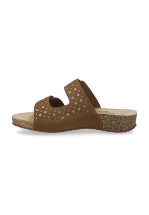 Braune Wildleder-Slidesandalen mit durchgehendem Design, konturiertem Fußbett und strukturiertem Kork-Plateau für verbesserte Unterstützung und Komfort.