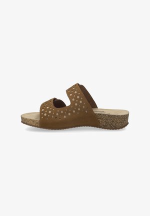 Braune Wildleder-Slidesandalen mit durchgehendem Design, konturiertem Fußbett und strukturiertem Kork-Plateau für verbesserte Unterstützung und Komfort.