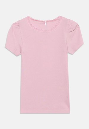 Light pink ribbed short-sleeve top with scalloped lace trim around the round neckline and slight puff sleeves.
