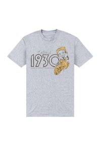 Camiseta de algodón gris con un personaje de dibujos animados en una motocicleta, acompañado del texto "Establecido en 1930" en dorado y negro.