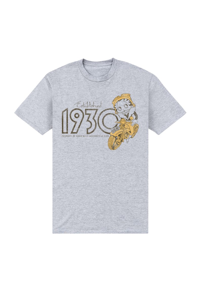 Camiseta de algodón gris con un personaje de dibujos animados en una motocicleta, acompañado del texto "Establecido en 1930" en dorado y negro.