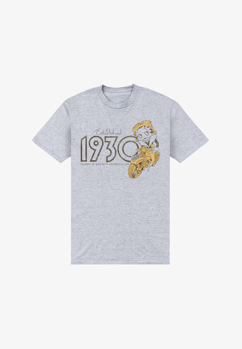 Camiseta de algodón gris con un personaje de dibujos animados en una motocicleta, acompañado del texto "Establecido en 1930" en dorado y negro.