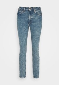 Modré džíny z denimu se vybledlým, opotřebovaným vzhledem. Vlastnosti zahrnují pět kapes, páskové smyčky a zapínání na knoflíky. Rovný střih nohavic.