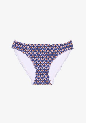 Slip de bikini albastru și alb cu margini ondulate și model floral repetitiv portocaliu și alb pe panoul din față.