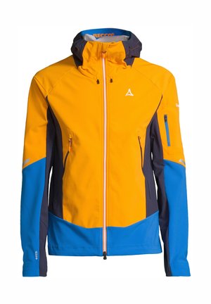 Živě oranžová a modrá bunda s kapucí, vybavená předním zipem, bočními kapsami a reflexními detaily. Vyrobena z lehkého, odolného materiálu.