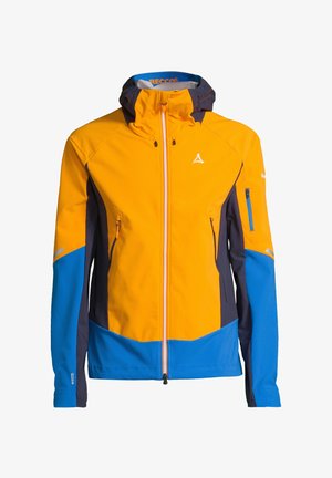 Helle orange und blaue Jacke mit Kapuze, ausgestattet mit einem Frontreißverschluss, Seitentaschen und reflektierenden Akzenten. Hergestellt aus leichtem, strapazierfähigem Material.