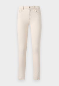 Pantalon beige slim-fit avec bouton et zip devant, passants de ceinture et deux poches avant sur fond uni.