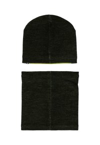 Berretto di maglia verde scuro con cima arrotondata e scaldacollo coordinato, caratterizzato da una texture morbida e un leggero motivo mélange.