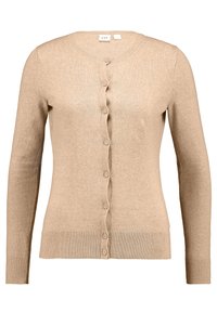 Beige stickad kofta med rund halsringning, långa ärmar och en symmetrisk knäppning fram med fem matchande knappar. Slät textur.