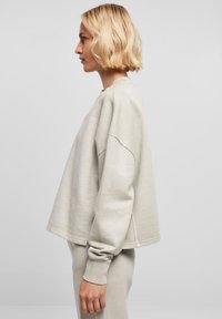 Lys grå cropped sweatshirt laget av mykt materiale, med rund hals, senkede skuldre og lange ermer med ribbestrikkede mansjetter.