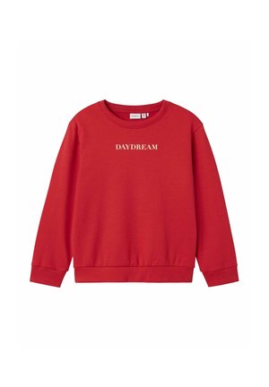 Sweatshirt rouge en mélange de coton doux, avec un col rond, des manches longues et le mot "DAYDREAM" imprimé en blanc sur le devant.