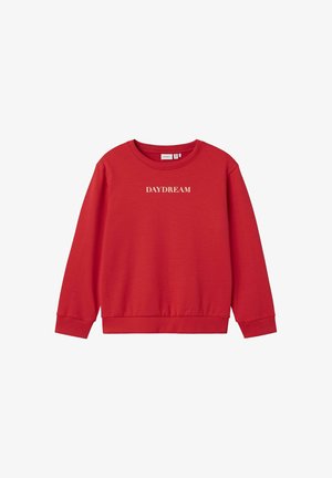 Rode sweatshirt gemaakt van een zachte katoenmix, met een ronde hals, lange mouwen en het woord "DAYDREAM" in het wit op de voorkant bedrukt.