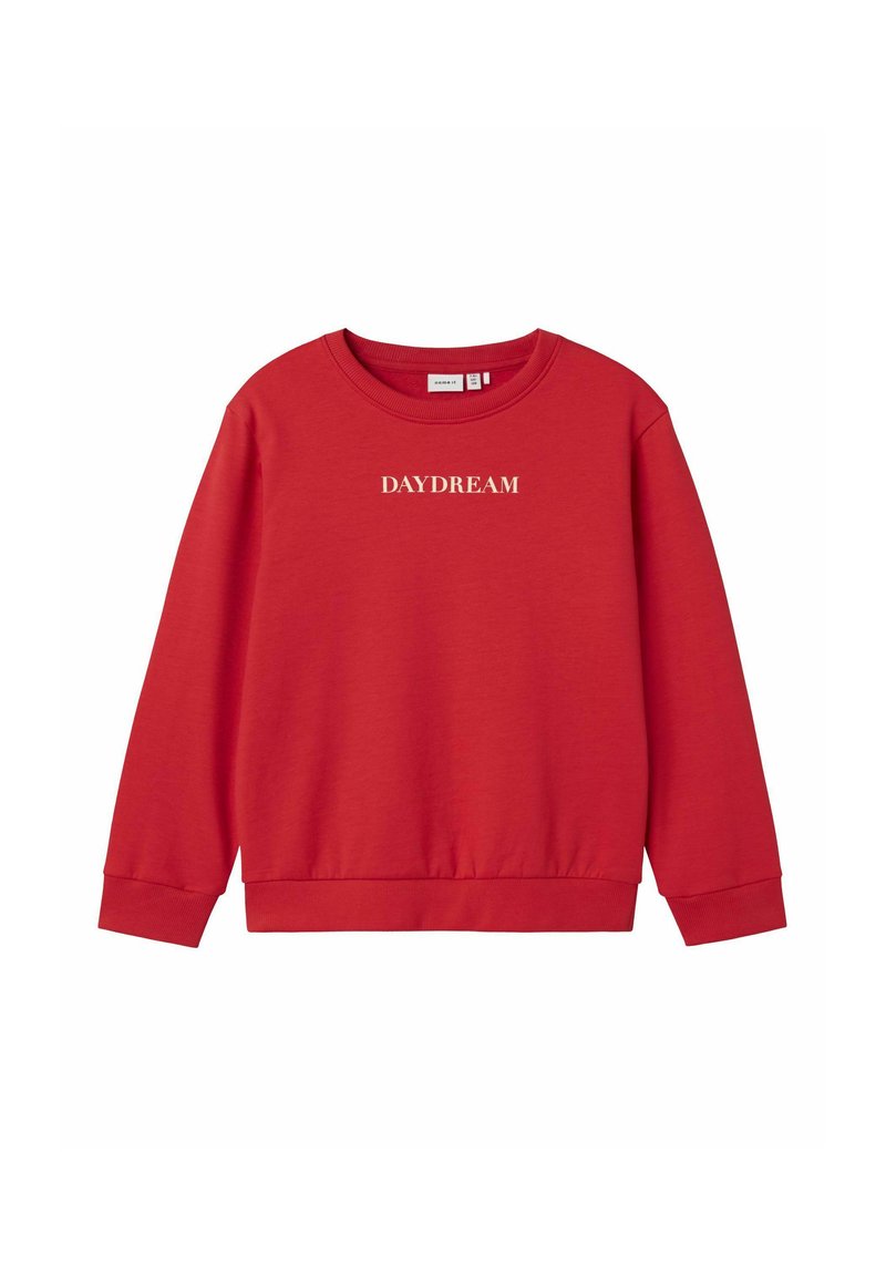 Felpa rossa realizzata in morbido cotone misto, con scollo rotondo, maniche lunghe e la parola "DAYDREAM" stampata in bianco sulla parte anteriore.