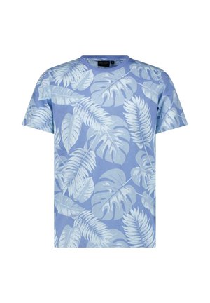 Blauw T-shirt met korte mouwen met lichtblauwe en witte tropische grote bladprint en een ronde hals.