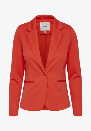 Rode blazer van ICHI met een notch lapel, twee voorzakken en een enkele knoopsluiting. Soepele textuur en getailleerde pasvorm.