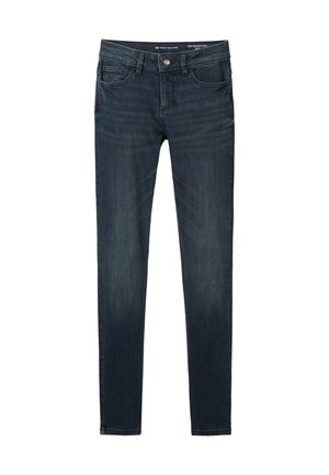 Jeans skinny en denim bleu foncé avec une texture lisse, un design à cinq poches et une fermeture à bouton à l'avant.