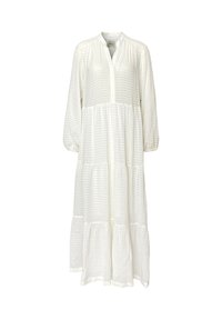 Robe maxi blanche avec un décolleté en V, des manches longues, un motif à carreaux texturé, un design en couches et un tissu doux pour une silhouette fluide.