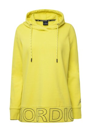 Felpa gialla in cotone, con cappuccio regolabile, maniche lunghe e un ampio bordo con la scritta "NORDIC" stampata in lettere nere in grassetto nella parte inferiore.