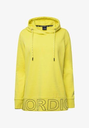 Żółta bluza z kapturem wykonana z bawełny, z regulowanym kapturem, długimi rękawami oraz szerokim paskiem u dołu, na którym wyraźnie napisano "NORDIC" czarnymi literami.