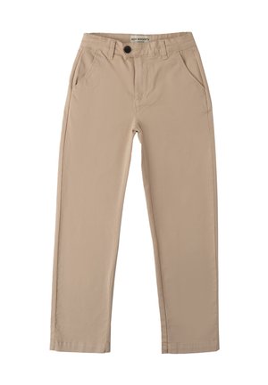 Beige Baumwollhose mit geradem Schnitt, ausgestattet mit zwei Vordertaschen, einem Knopfverschluss und gesteppten Details am Saum.