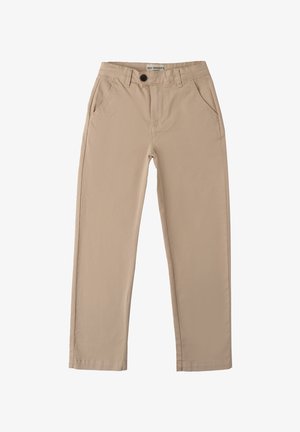 Pantaloni in cotone beige con taglio dritto, dotati di due tasche anteriori, chiusura con bottone e dettagli cuciti all'orlo.