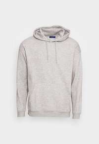 Felpa grigia con cappuccio realizzata in morbido tessuto misto cotone. Presenta un cappuccio con coulisse e una tasca frontale a marsupio. Maniche e orlo a costine.