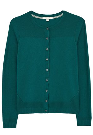 Cardigan manches longues vert sarcelle avec encolure ronde et fermeture boutonnée devant, poignets et ourlet côtelés.
