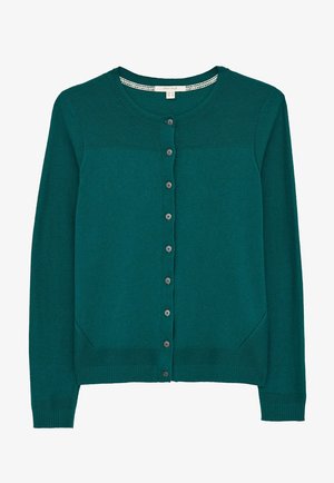 Langærmet cardigan i blågrøn farve med rund halsudskæring og lukning med knapper foran, ribstrikkede manchetter og kant.