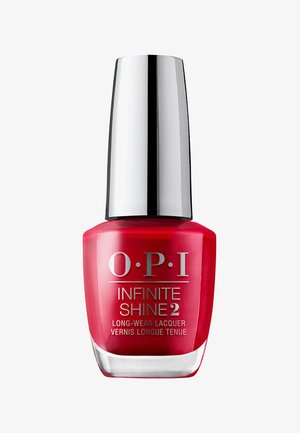 Rode nagellak in een heldere glazen fles met een zilveren dop. Het etiket zegt "O.P.I Infinite Shine 2" met een glanzende afwerking.