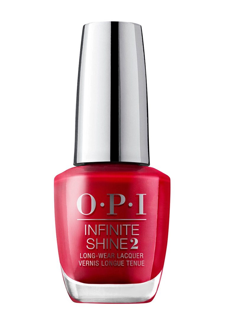 Roter Nagellack in einer klaren Glasflasche mit einem silbernen Deckel. Das Etikett trägt die Aufschrift "O.P.I Infinite Shine 2" mit einem glänzenden Finish.