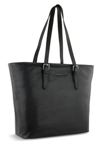 Sac fourre-tout en cuir noir avec une finition texturée, deux poignées pour l'épaule, quincaillerie en argent et logo gravé à l'avant.