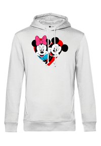 Szara bluza z kapturem z grafiką przedstawiającą Myszki Miki i Minnie wewnątrz czerwonego serca, z różową kokardką na Minnie. Kaptur ze sznurkiem oraz przednia kieszeń.