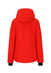 Veste imperméable rouge avec capuche, présentant des poignets élastiques et une texture lisse. Design épuré, vue de dos, sans logos ni accents visibles.