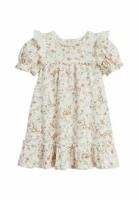 Cremfarbendes Baby-Kleid mit Puffärmeln, Rüschenkanten und einem Muster aus Tieren und Blumen in sanften Brauntönen und Pfirsichfarben.