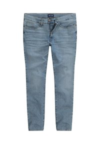 Pantalones vaqueros de mezclilla azul claro con corte slim, con cremallera, cinco bolsillos y áreas sutilmente desgastadas para dar textura. Etiqueta visible en la cintura.