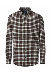 Braun-weiß kariertes Langarmhemd mit Button-Down-Kragen, ausgestattet mit einer Tasche und dunkelbrownfarbenen Knöpfen auf einem strukturierten Stoff.