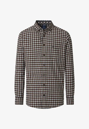 Braun-weiß kariertes Langarmhemd mit Button-Down-Kragen, ausgestattet mit einer Tasche und dunkelbrownfarbenen Knöpfen auf einem strukturierten Stoff.