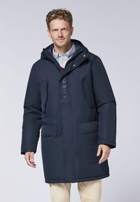 Navy blue parka jacket with a hood, featuring front button closures, two large patch pockets, and a smooth, insulated texture.
