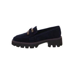Black suede loafer with chunky lug sole and decorative gold buckle on vamp, side view on white background.