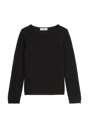 Maglione nero a maglia con maniche lunghe, scollatura rotonda e un motivo testurizzato. Etichetta posizionata vicino alla scollatura. Design semplice.