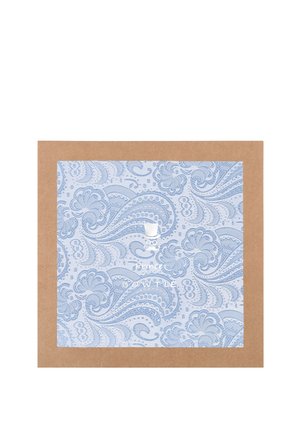 Blue paisley pattern printed on a white background, set inside a square cardboard box. Text reads "Prince Bowtie" in white font.
