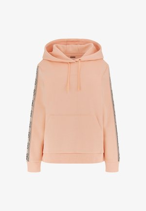 Hanorac roz cu glugă, prevăzut cu un buzunar frontal, mâneci lungi și accente cu logo pe laterale. Fabricat dintr-un material moale, cu manșete din tricot.