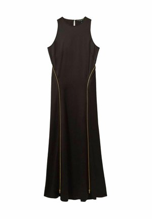 Schwarzes ärmelloses Kleid mit einer taillierten Silhouette, das goldene Reißverschlussakzente an den Seiten und einen dezenten Schimmer am Saum aufweist.