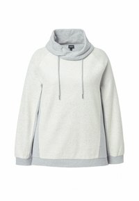 Pullover grigio chiaro a maniche lunghe con collo a camino largo e cordini, polsini e orlo a coste, realizzato in tessuto morbido.