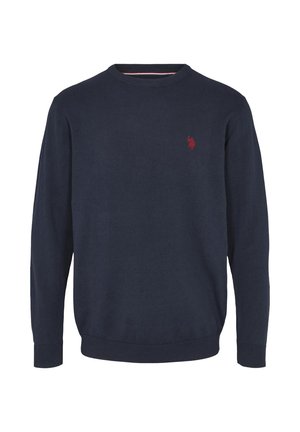 Navy blauwe gebreide trui van katoen met een ronde halslijn, geribbelde manchetten en een klein rood logootje op de linkerborst.