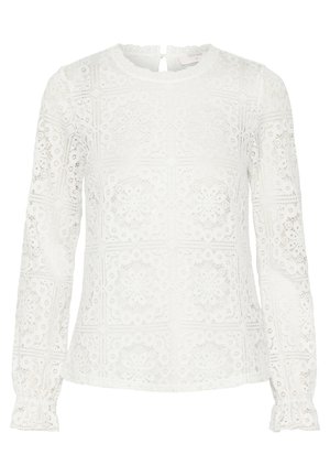 Valkoinen pitkähihainen pitsipaita, jossa on geometrisia aukkoja, pyöreä pääntie ja röyhelömäiset hihansuut. Avaus yksityiskohtana takana.